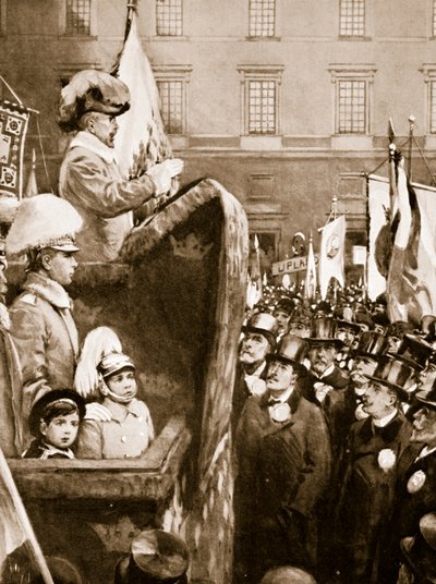 King Charles XV of Sweden addresses a crowd about increased armaments to defend the country, 1866 by Unknown